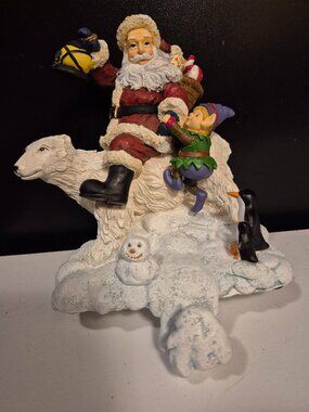 VINTAGE SANTA CLAUS RIDING A POLAR BEAR WITH AND ELF SNOWMAN AND PENGUINS